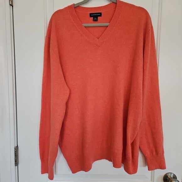 Lands End Mens 100% Cashmere Sweater 2XL 50-52 Heathered Orange V Neck Luxury - Picture 1 of 7